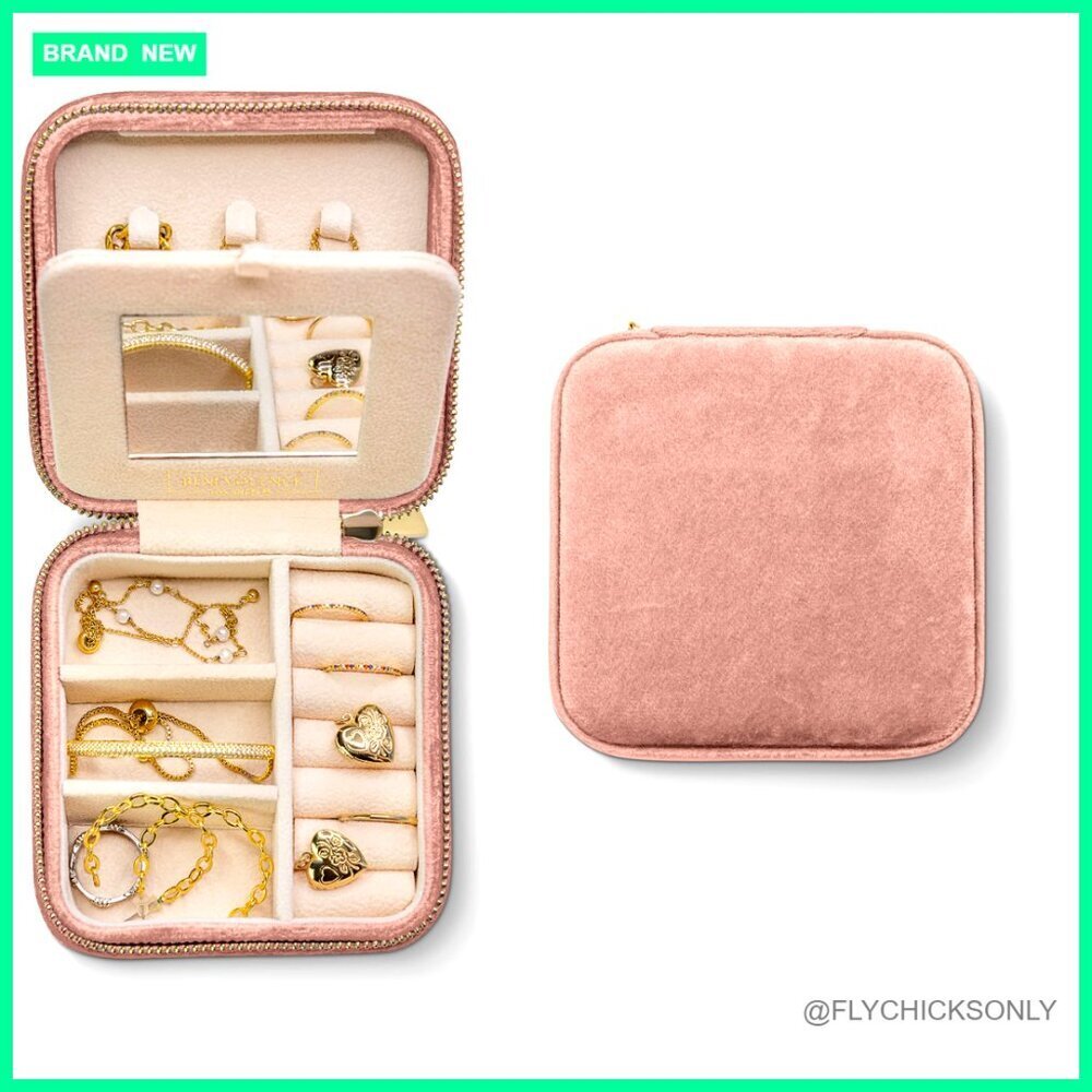 Plush Velvet Travel Jewelry Case Organizer with Mirror, 3.75 Inch
